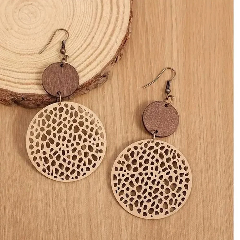Round Khaki Drop Earrings Bohemian Vintage Wooden Leather‎ Earrings